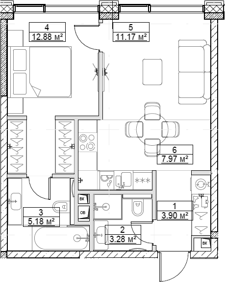 Планировка — Сити Бэй, 2-комн., 44 м²