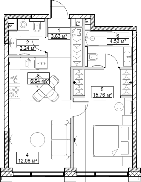 Планировка — Сити Бэй, 2-комн., 46 м²