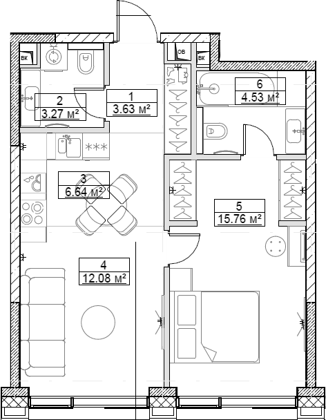 Планировка — Сити Бэй, 2-комн., 46 м²