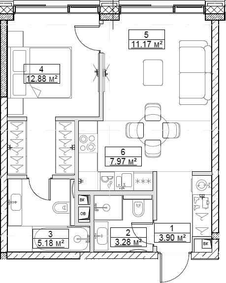 Планировка — Сити Бэй, 2-комн., 44 м²