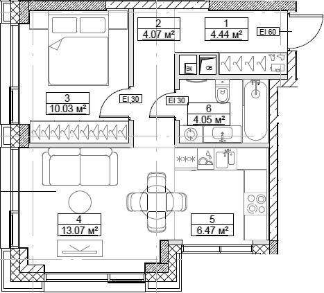 Планировка — Сити Бэй, 2-комн., 42 м²