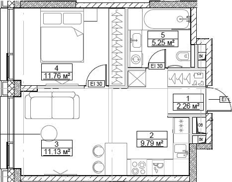 Планировка — Сити Бэй, 2-комн., 40 м²