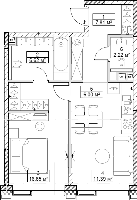 Планировка — Сити Бэй, 2-комн., 51 м²