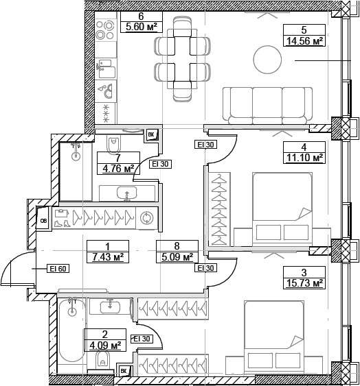 Планировка — Сити Бэй, 3-комн., 68 м²