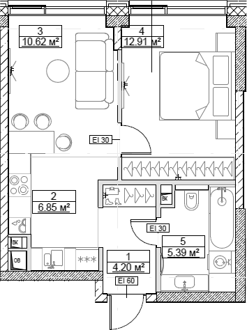 Планировка — Сити Бэй, 2-комн., 40 м²