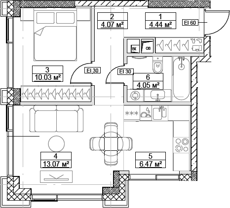 Планировка — Сити Бэй, 2-комн., 42 м²