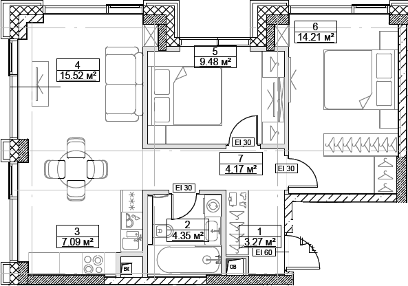 Планировка — Сити Бэй, 3-комн., 58 м²