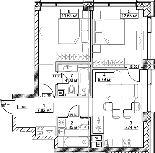 Планировка — Сити Бэй, 3-комн., 57 м²