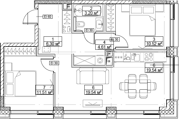 Планировка — Сити Бэй, 3-комн., 59 м²