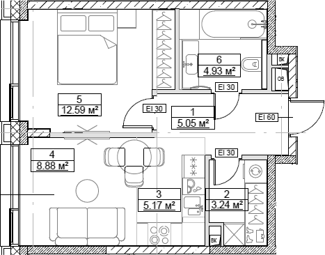 Планировка — Сити Бэй, 2-комн., 40 м²