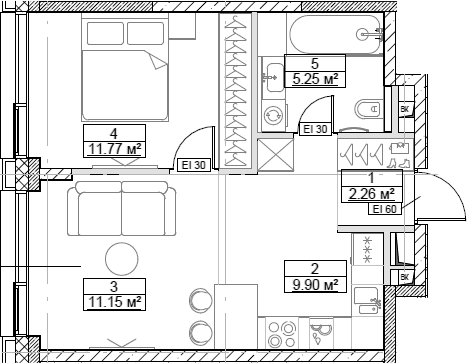 Планировка — Сити Бэй, 2-комн., 40 м²