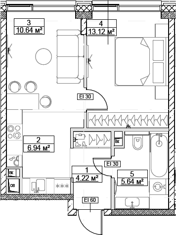 Планировка — Сити Бэй, 2-комн., 41 м²