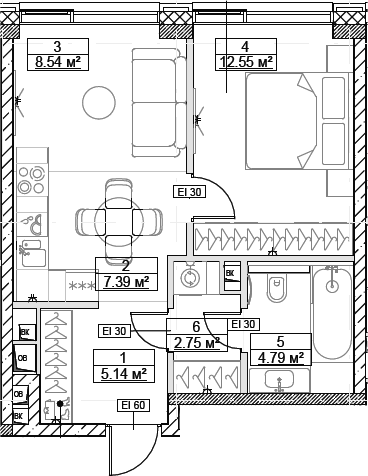 Планировка — Сити Бэй, 2-комн., 41 м²