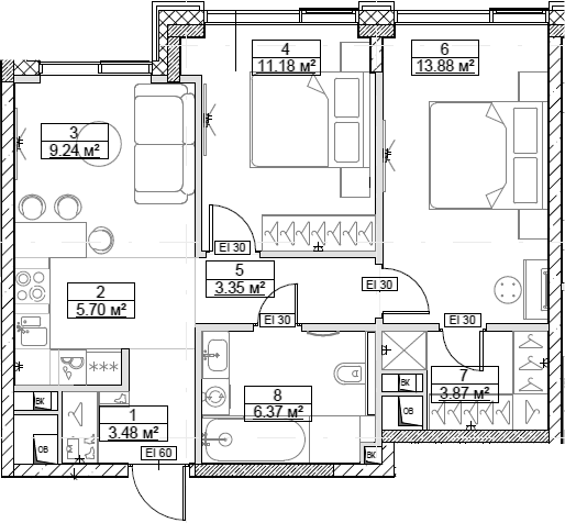 Планировка — Сити Бэй, 3-комн., 57 м²