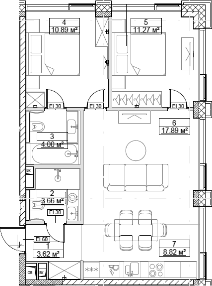 Планировка — Сити Бэй, 3-комн., 60 м²