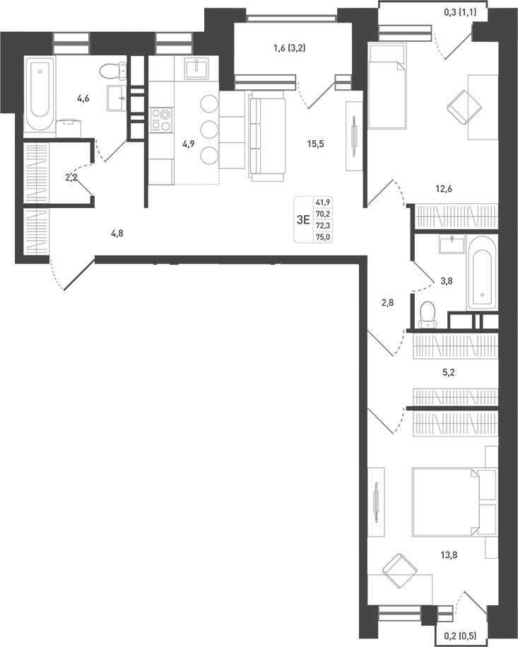 Планировка — Новая Щербинка, 3-комн., 74 м²