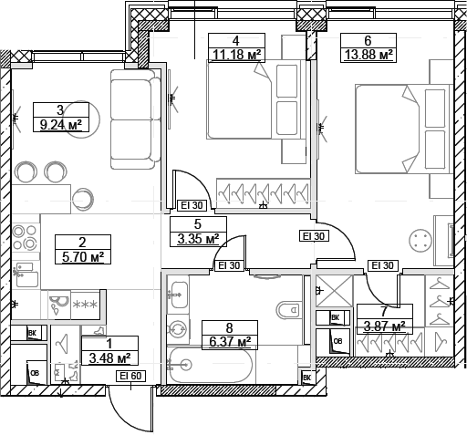 Планировка — Сити Бэй, 3-комн., 57 м²