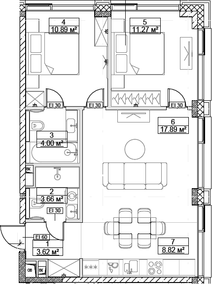 Планировка — Сити Бэй, 3-комн., 60 м²