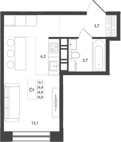 Планировка — Новая Щербинка, Студия, 28 м²