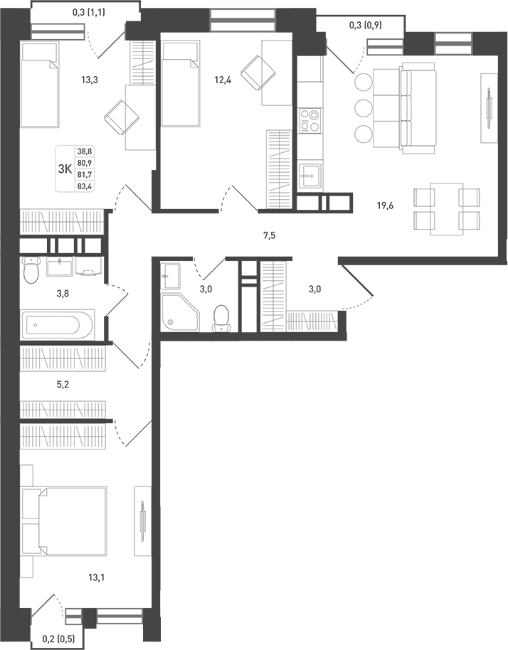 Планировка — Новая Щербинка, 3-комн., 86 м²