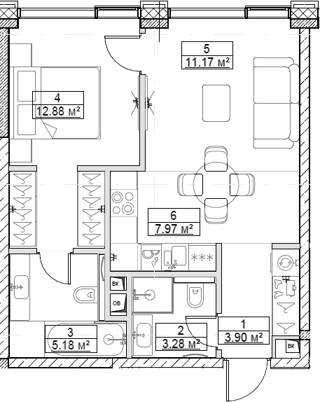 Планировка — Сити Бэй, 2-комн., 44 м²