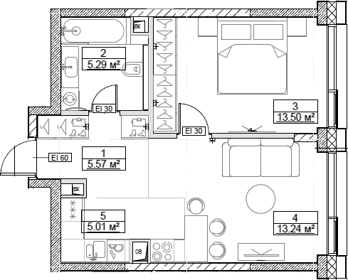 Планировка — Сити Бэй, 2-комн., 43 м²