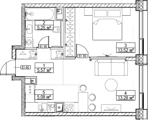 Планировка — Сити Бэй, 2-комн., 43 м²