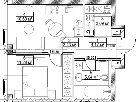 Планировка — Сити Бэй, 2-комн., 38 м²