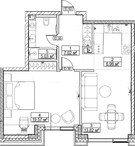 Планировка — Сити Бэй, 2-комн., 52 м²