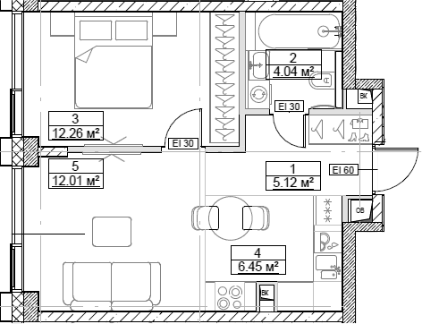 Планировка — Сити Бэй, 2-комн., 40 м²