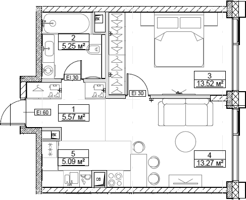 Планировка — Сити Бэй, 2-комн., 43 м²