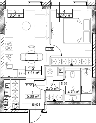 Планировка — Сити Бэй, 2-комн., 41 м²