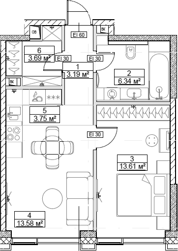 Планировка — Сити Бэй, 2-комн., 44 м²