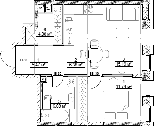 Планировка — Сити Бэй, 2-комн., 49 м²