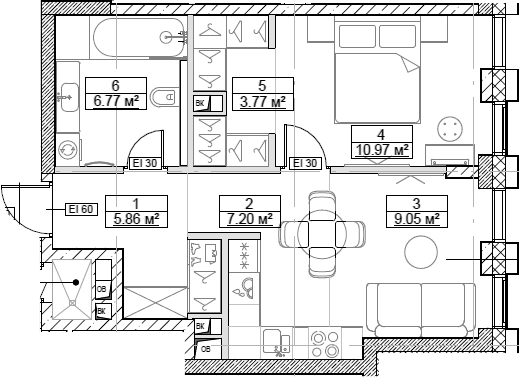 Планировка — Сити Бэй, 2-комн., 44 м²