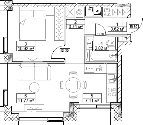 Планировка — Сити Бэй, 2-комн., 40 м²