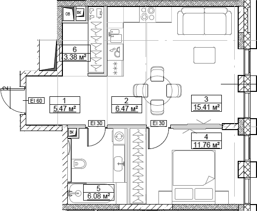 Планировка — Сити Бэй, 2-комн., 49 м²