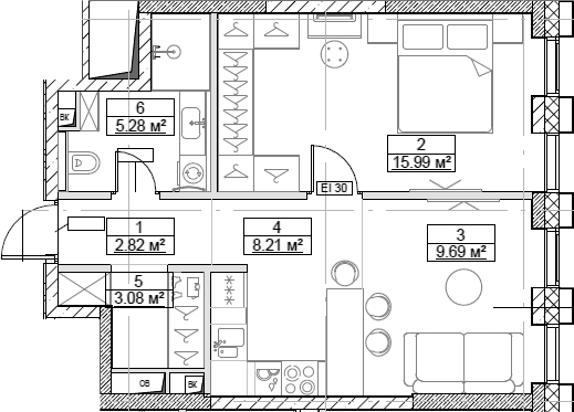 Планировка — Сити Бэй, 2-комн., 45 м²
