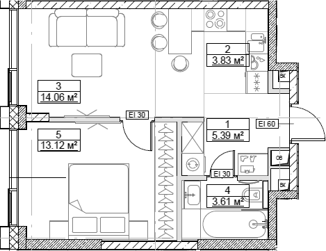 Планировка — Сити Бэй, 2-комн., 40 м²