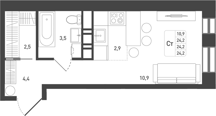 Планировка — Новая Щербинка, Студия, 26 м²