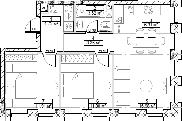 Планировка — Сити Бэй, 3-комн., 58 м²