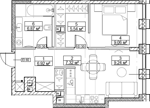 Планировка — Сити Бэй, 2-комн., 45 м²