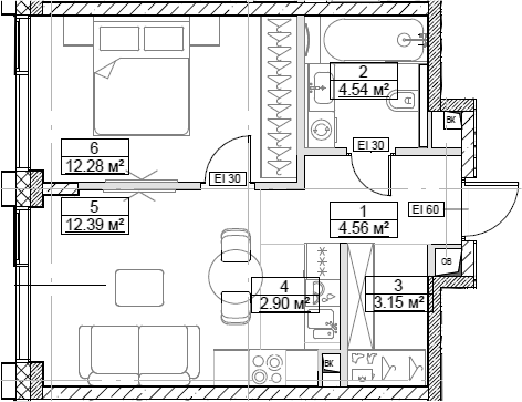 Планировка — Сити Бэй, 2-комн., 40 м²