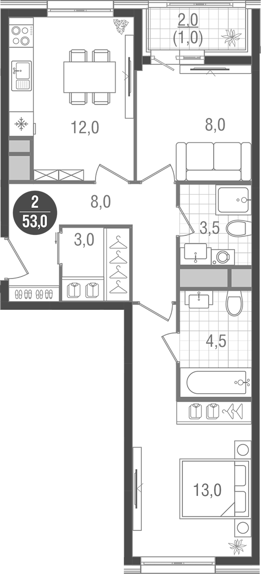 Планировка — Кантемировский, 2-комн., 52 м²