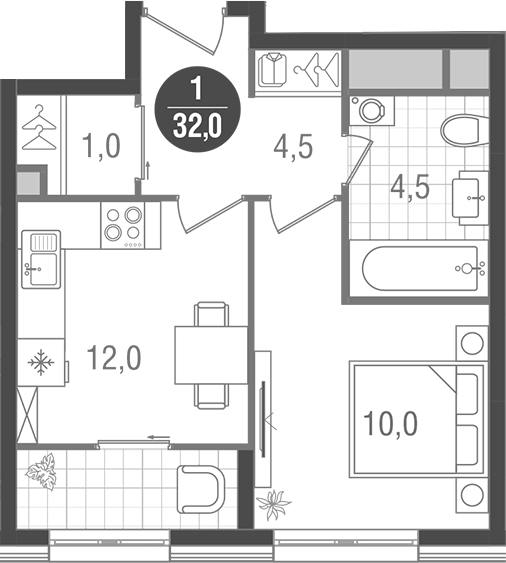 Планировка — Кантемировский, 1-комн., 32 м²
