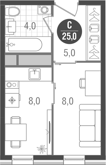 Планировка — Кантемировский, Студия, 25 м²