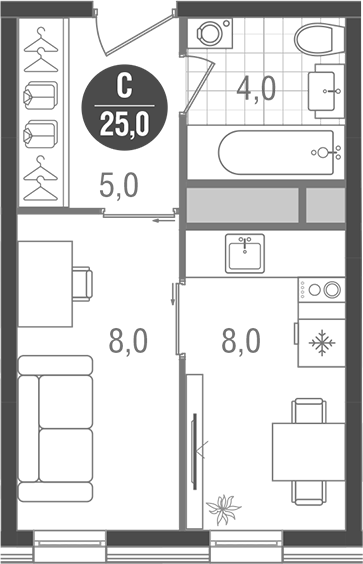 Планировка — Кантемировский, Студия, 25 м²