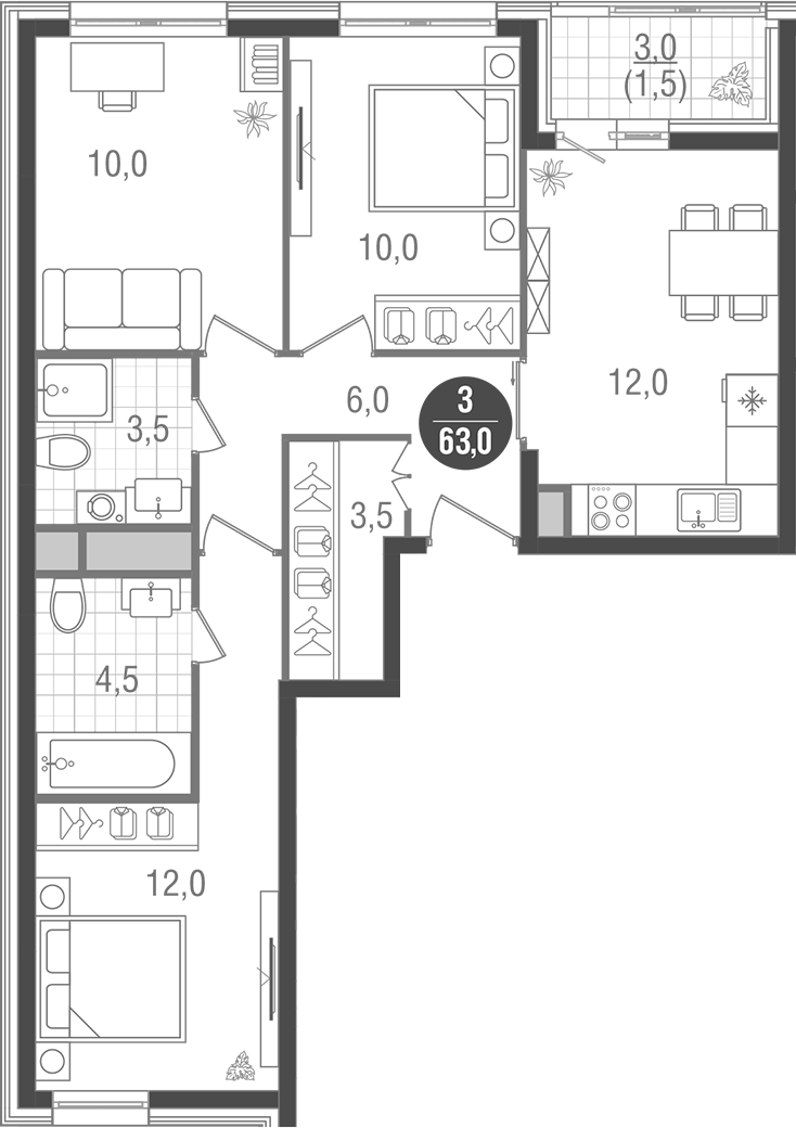 Планировка — Кантемировский, 3-комн., 62 м²