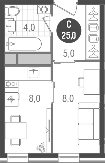 Планировка — Кантемировский, Студия, 25 м²
