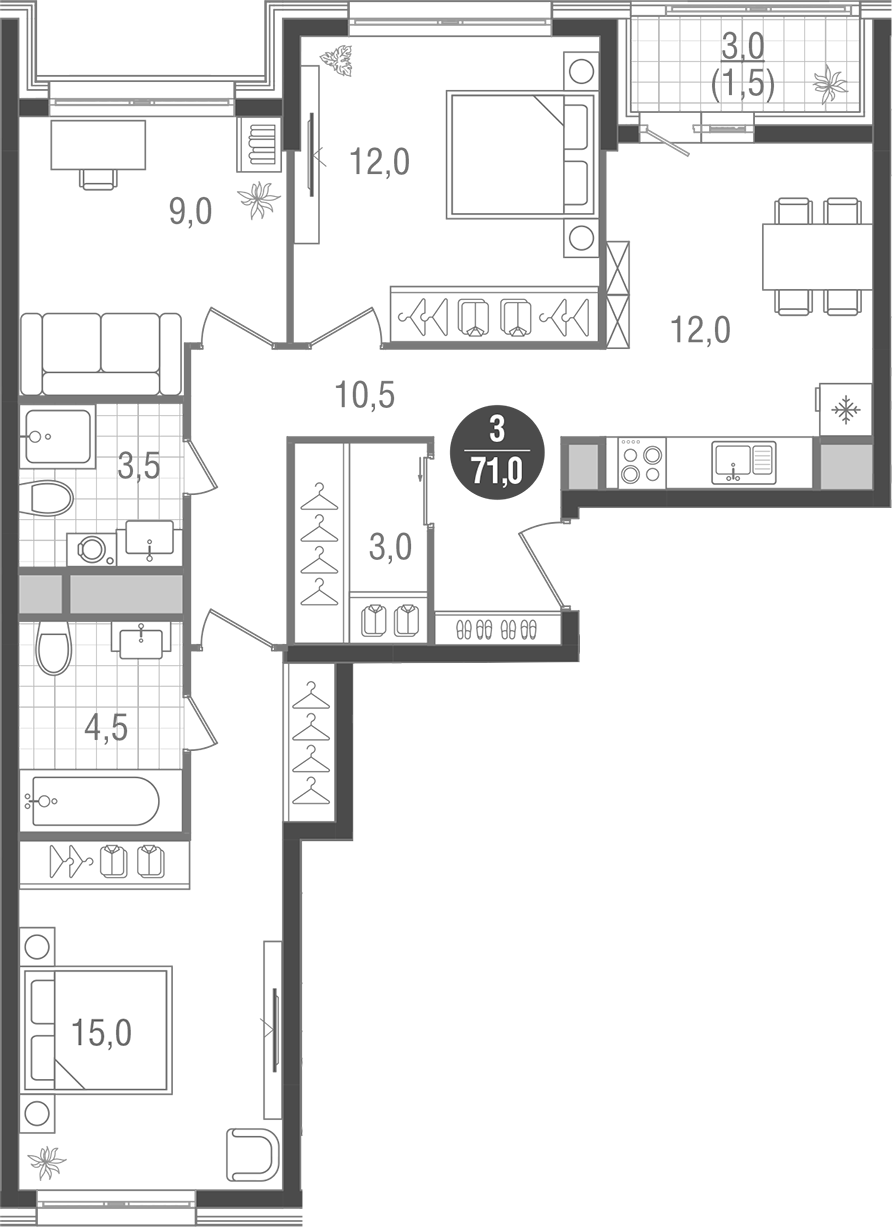 Планировка — Кантемировский, 3-комн., 70 м²